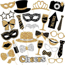 Load image into Gallery viewer, 30 PCS Photo Booth Props Party Prop Photoshoot Black and Gold Photobooth Picture Pose Sign Kit Supplies for Weddings Happy Birthday Graduation Prom Christmas